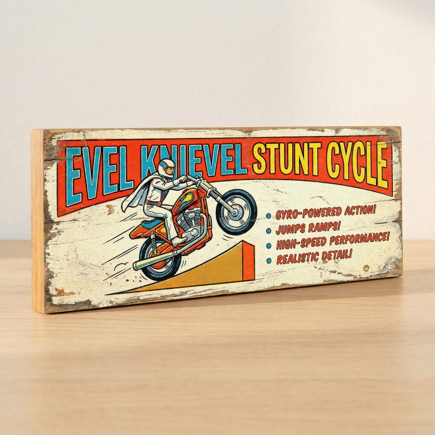 Evel Knievel Stunt Cycle gyro action retro vintage wooden sign handmade on 18mm MDF with cream distressed finish and bold red blue header, freestanding on a light wood shelf