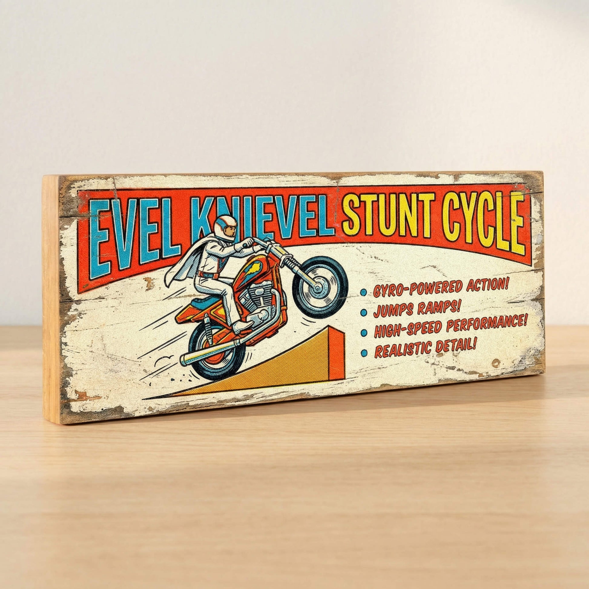 Evel Knievel Stunt Cycle gyro action retro vintage wooden sign handmade on 18mm MDF with cream distressed finish and bold red blue header, freestanding on a light wood shelf