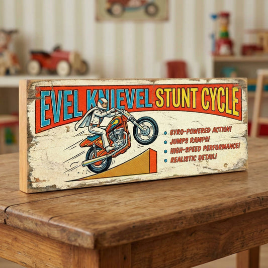 Evel Knievel Stunt Cycle gyro action retro vintage wooden sign handmade on 18mm MDF with cream distressed finish and bold red blue header, freestanding on a light wood shelf