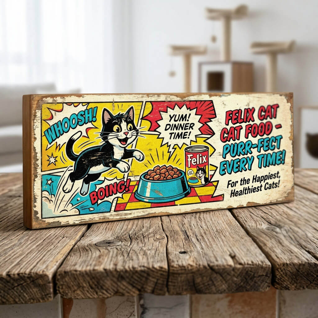 Felix Cat Food Purr-fect Every Time Retro Comic Sign