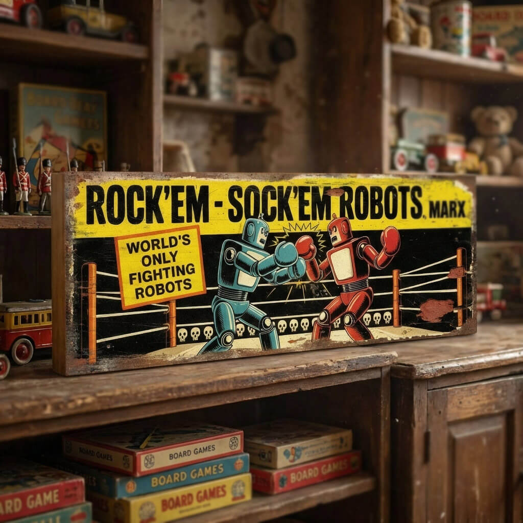 Rectangular vintage toy advert sign for Rock’em-Sock’em Robots by Marx on 18mm MDF, featuring boxing robot graphics and heavy faux-distressed weathering.