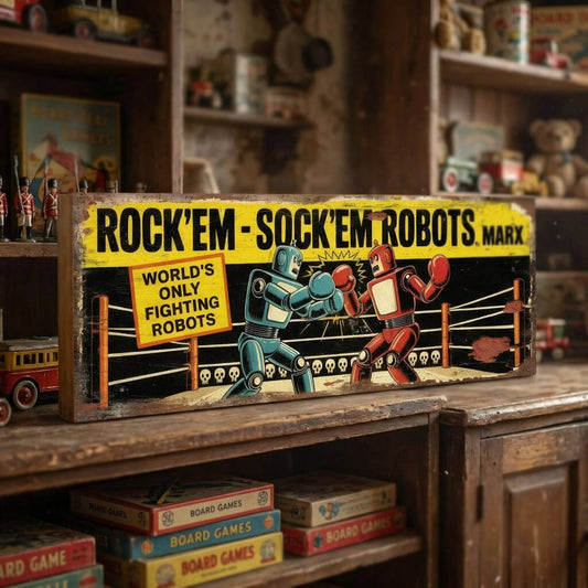 Rectangular vintage toy advert sign for Rock’em-Sock’em Robots by Marx on 18mm MDF, featuring boxing robot graphics and heavy faux-distressed weathering.