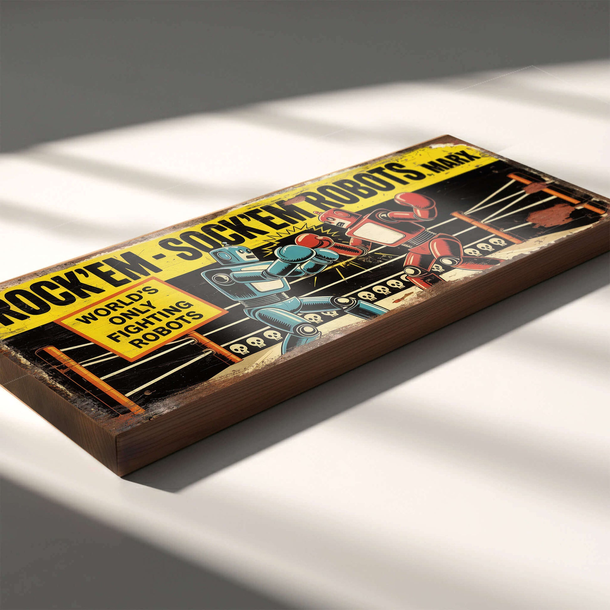 Rectangular vintage toy advert sign for Rock’em-Sock’em Robots by Marx on 18mm MDF, featuring boxing robot graphics and heavy faux-distressed weathering.