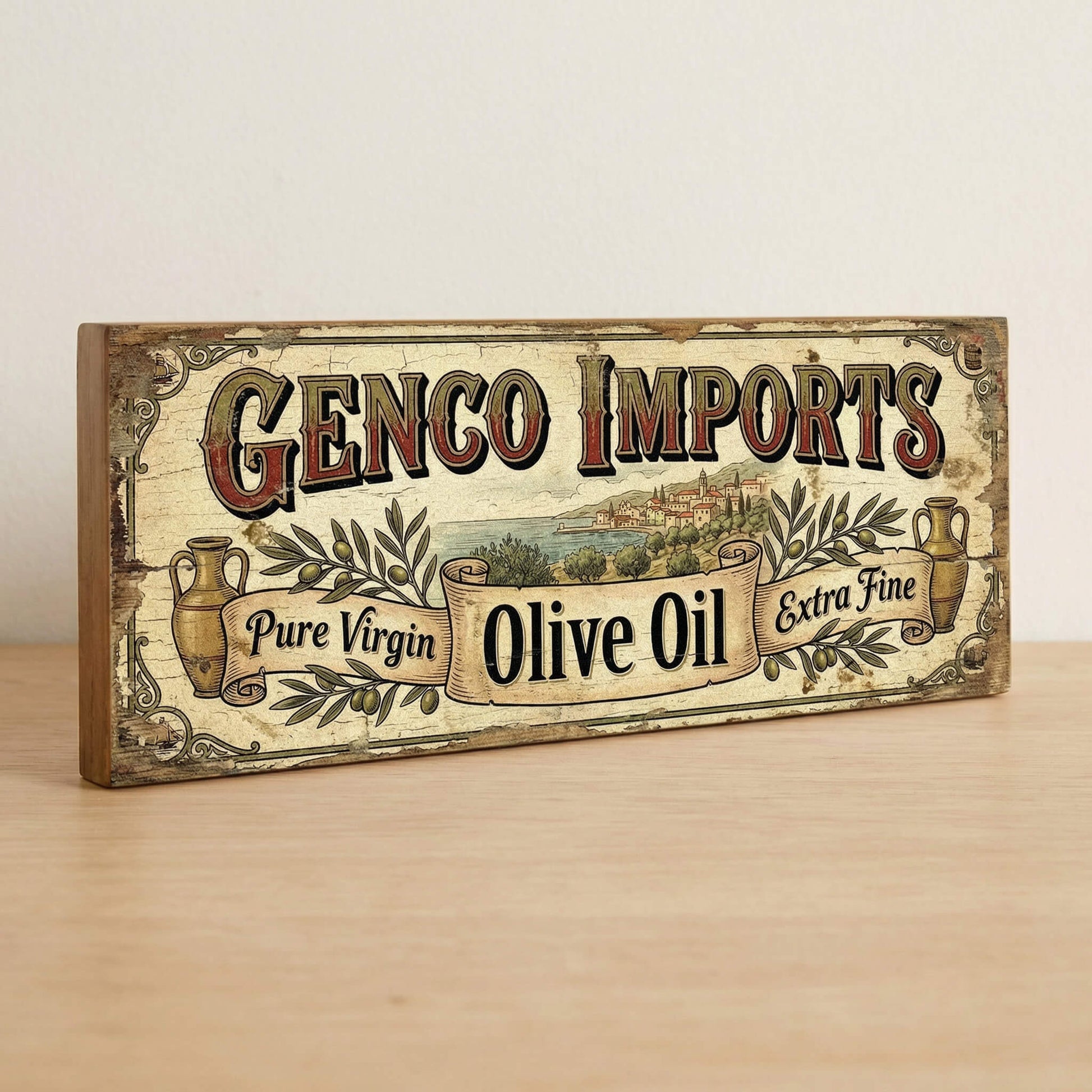 Genco Imports Olive Oil Godfather tribute retro vintage wooden sign handmade on 18mm MDF with aged cream distressed finish, freestanding on a light wood shelf