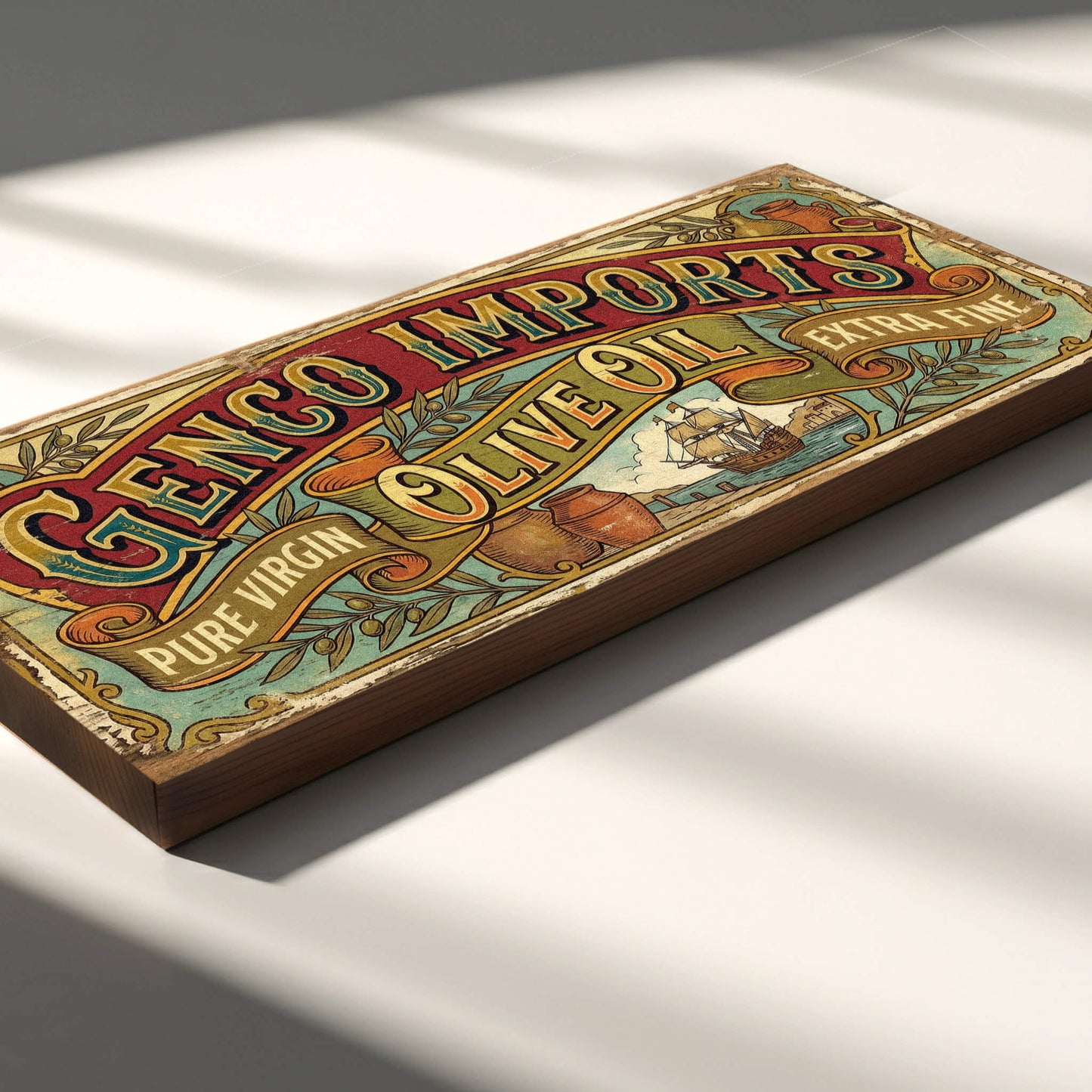 Genco Imports Olive Oil ornate Godfather tribute vintage wooden sign handmade on 18mm MDF with rich red teal and gold Victorian scroll design, freestanding on a light wood shelf