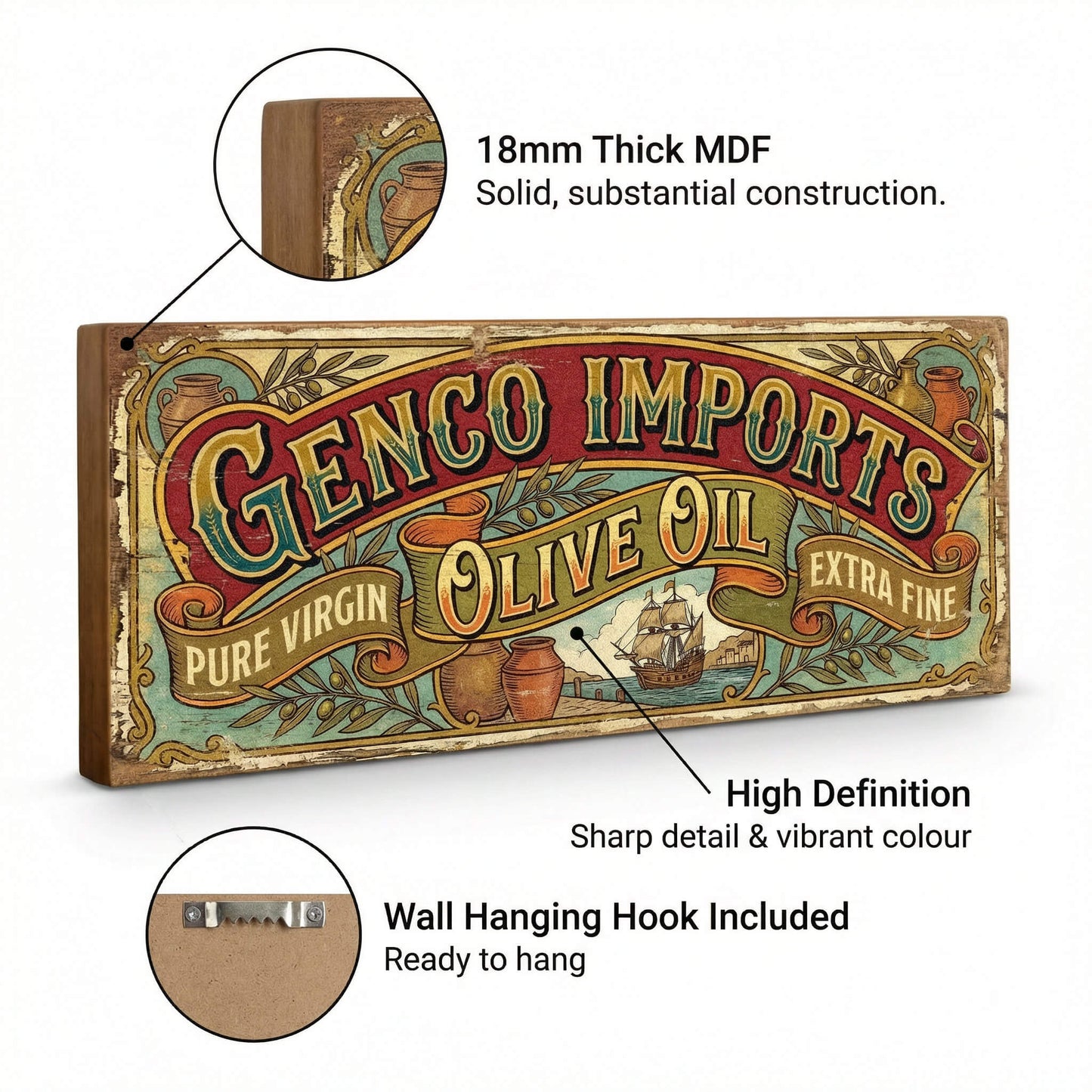 Genco Imports Olive Oil ornate Godfather tribute vintage wooden sign handmade on 18mm MDF with rich red teal and gold Victorian scroll design, freestanding on a light wood shelf