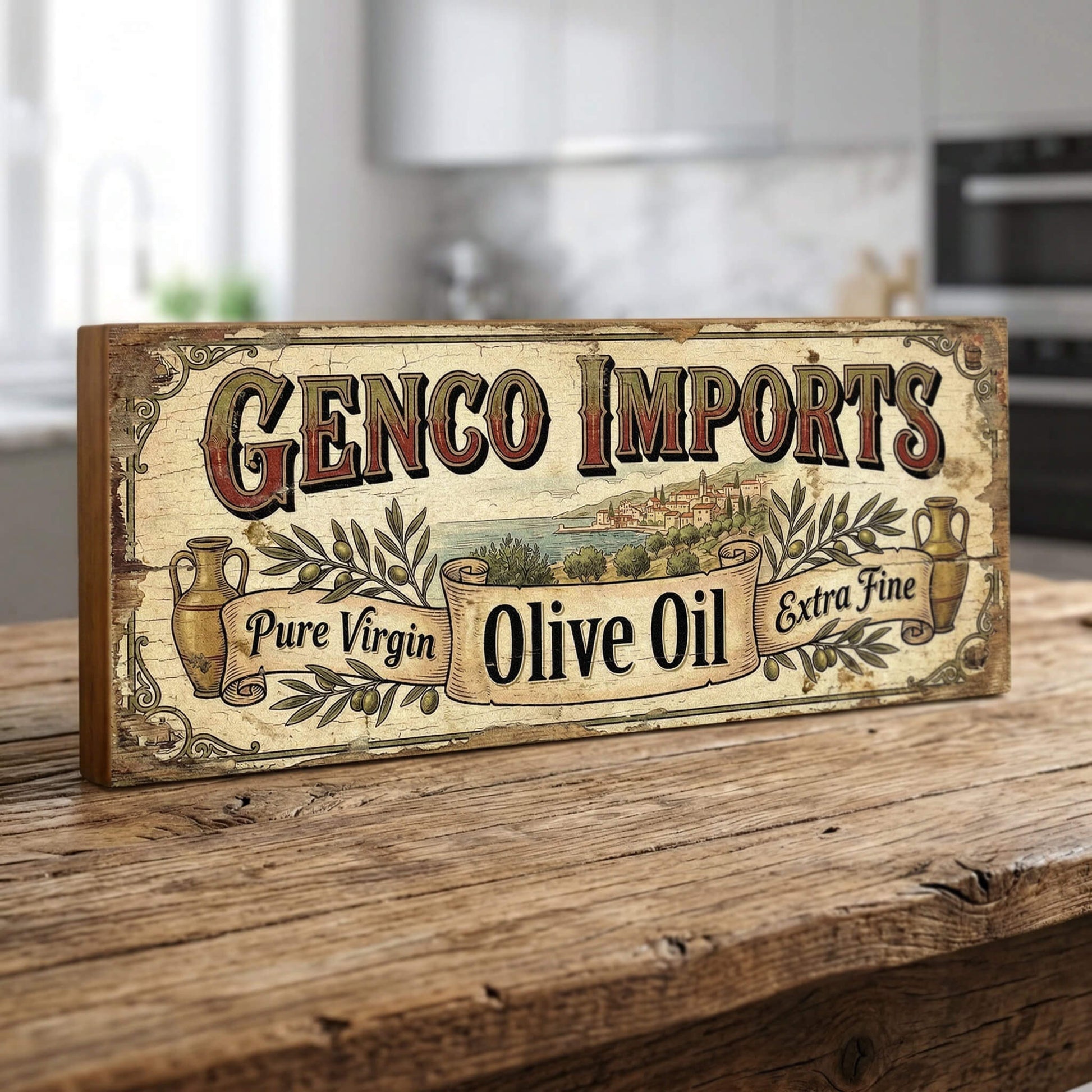 Genco Imports Olive Oil Godfather tribute retro vintage wooden sign handmade on 18mm MDF with aged cream distressed finish, freestanding on a light wood shelf