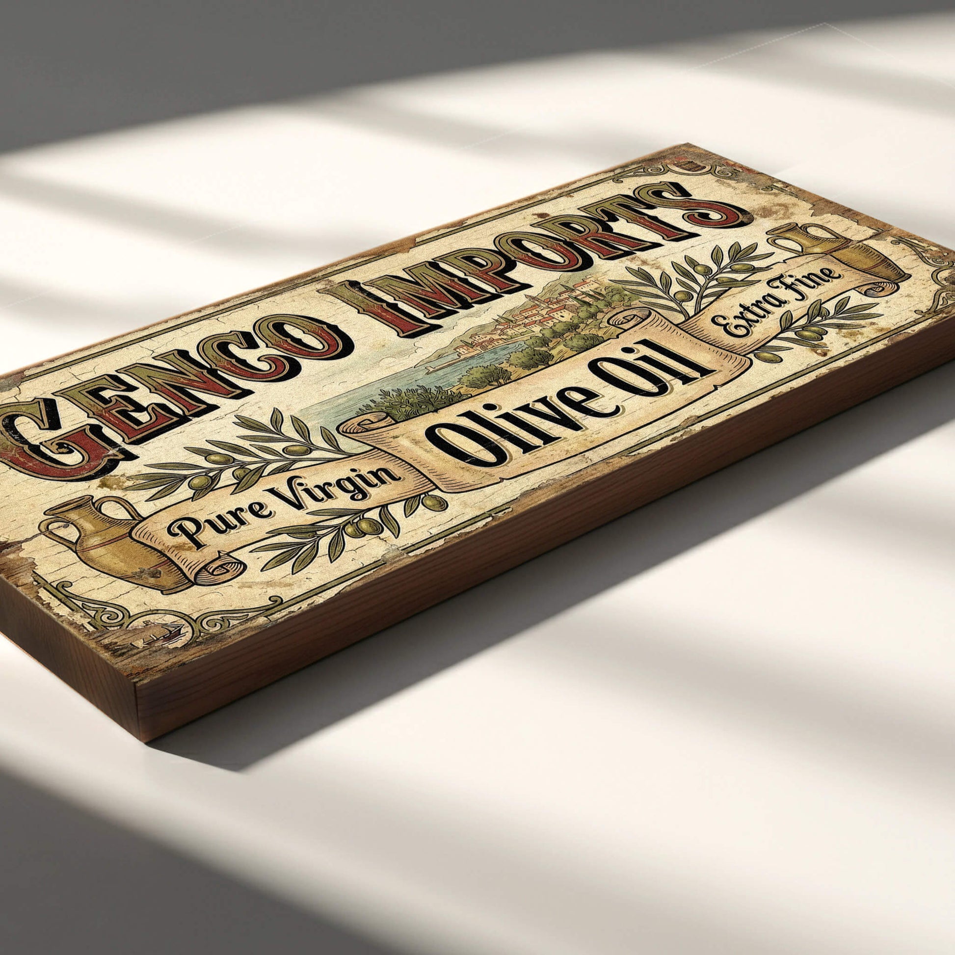 Genco Imports Olive Oil Godfather tribute retro vintage wooden sign handmade on 18mm MDF with aged cream distressed finish, freestanding on a light wood shelf