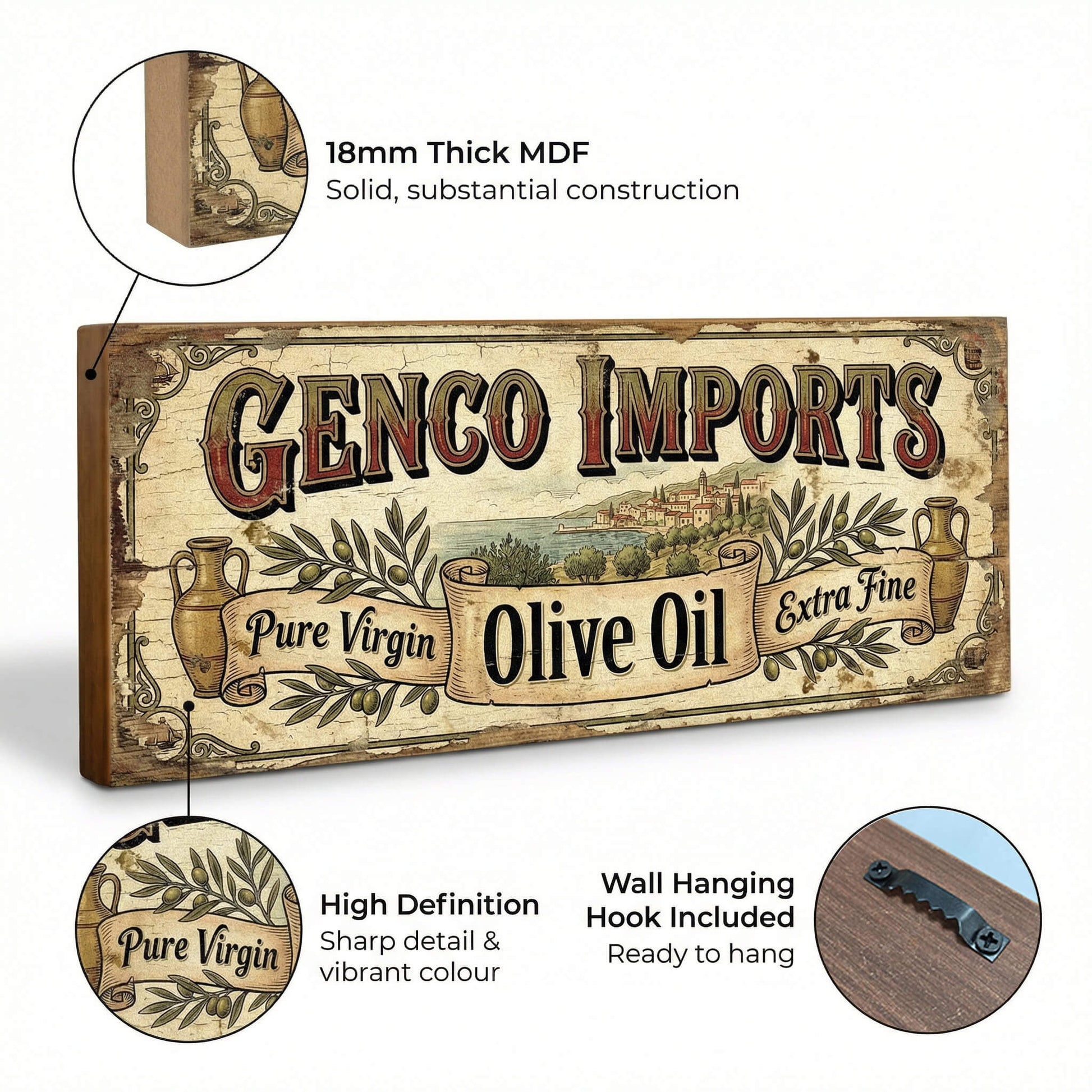 Genco Imports Olive Oil Godfather tribute retro vintage wooden sign handmade on 18mm MDF with aged cream distressed finish, freestanding on a light wood shelf