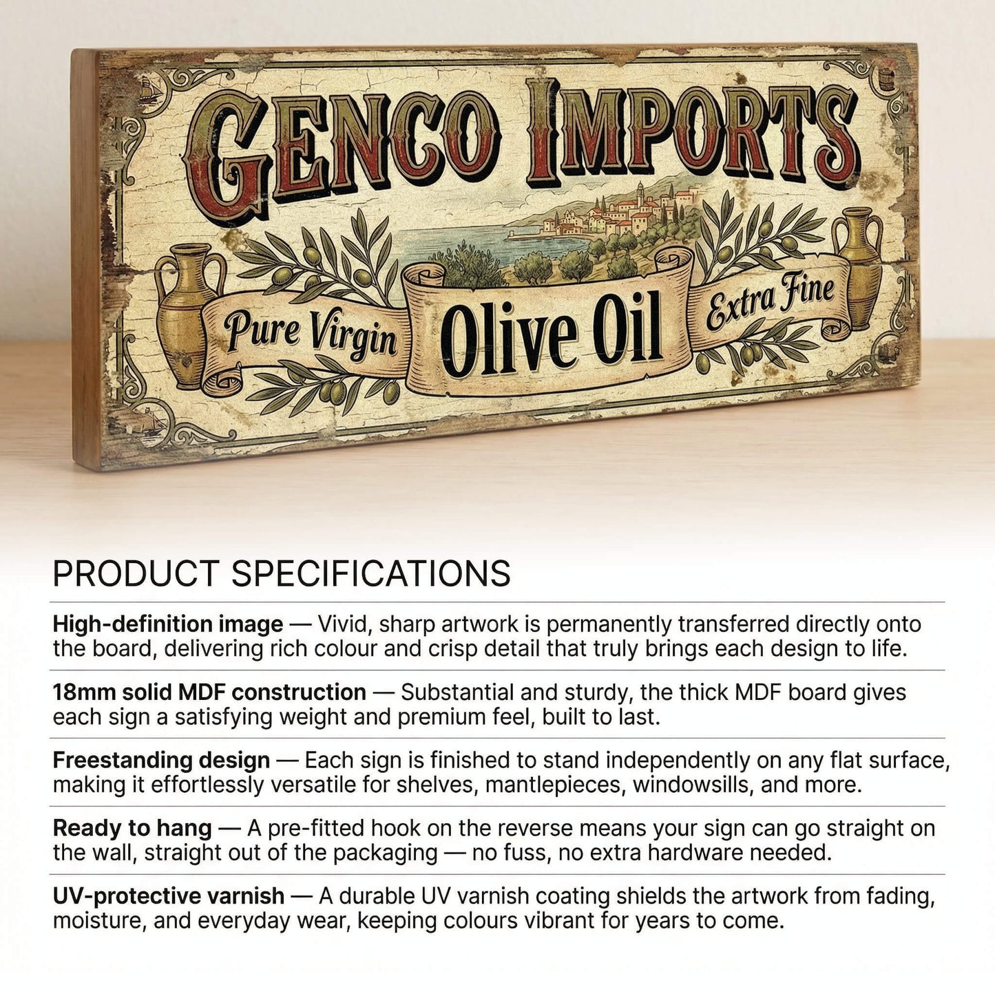 Genco Imports Olive Oil Godfather tribute retro vintage wooden sign handmade on 18mm MDF with aged cream distressed finish, freestanding on a light wood shelf
