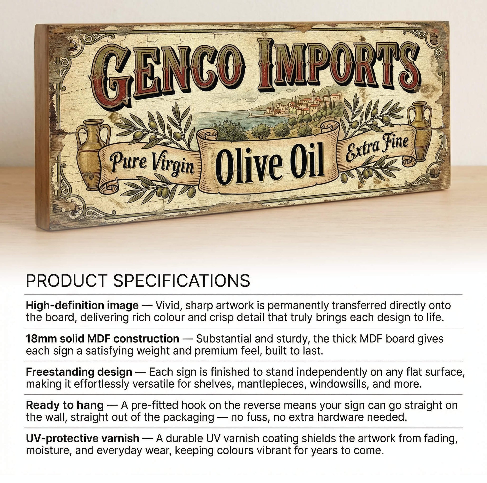 Genco Imports Olive Oil Godfather tribute retro vintage wooden sign handmade on 18mm MDF with aged cream distressed finish, freestanding on a light wood shelf