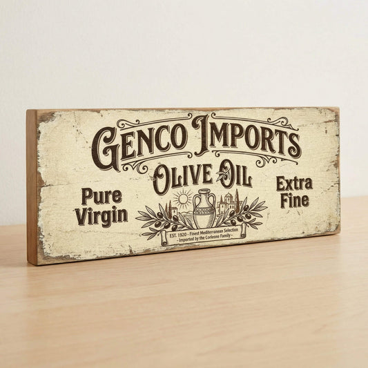 Genco Imports Olive Oil Corleone Family Godfather tribute vintage wooden sign handmade on 18mm MDF with aged cream monochrome distressed finish, freestanding on a light wood shelf
