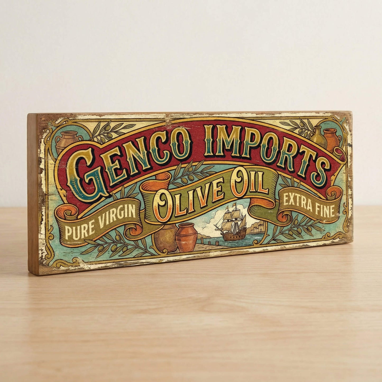 Genco Imports Olive Oil ornate Godfather tribute vintage wooden sign handmade on 18mm MDF with rich red teal and gold Victorian scroll design, freestanding on a light wood shelf