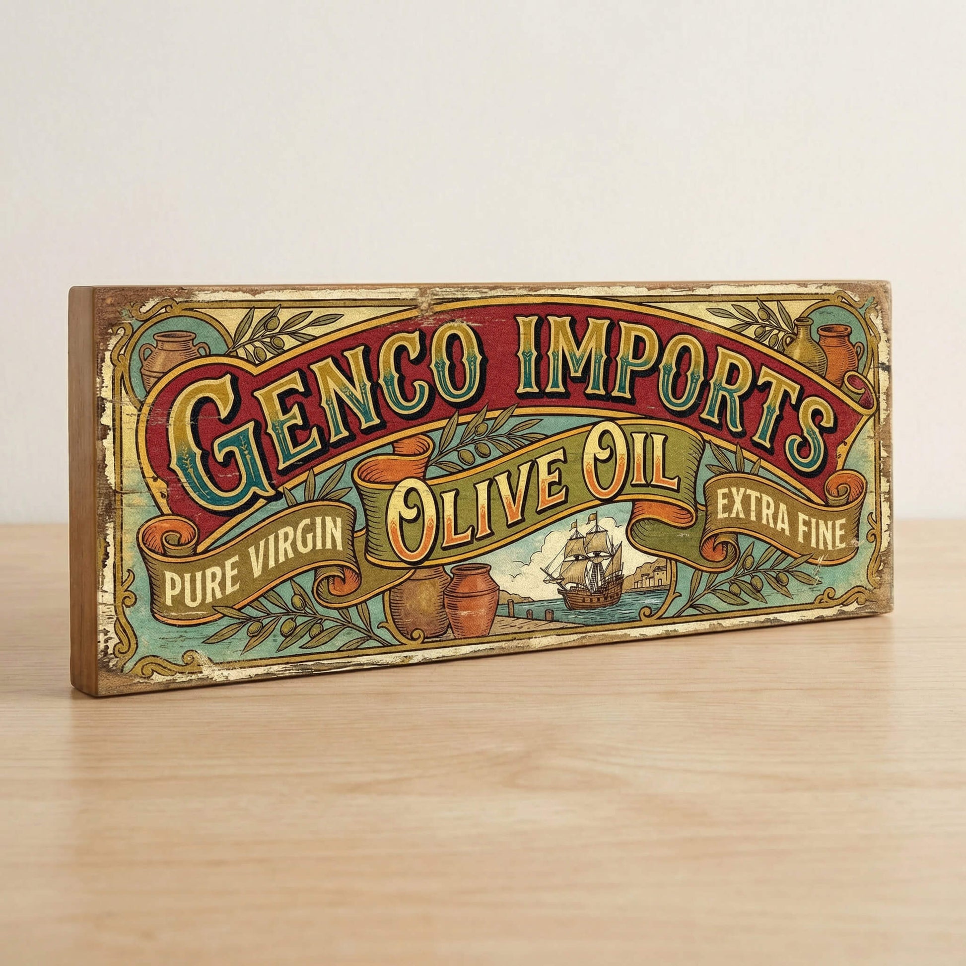 Genco Imports Olive Oil ornate Godfather tribute vintage wooden sign handmade on 18mm MDF with rich red teal and gold Victorian scroll design, freestanding on a light wood shelf