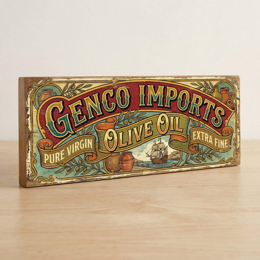 Genco Imports Olive Oil ornate Godfather tribute vintage wooden sign handmade on 18mm MDF with rich red teal and gold Victorian scroll design, freestanding on a light wood shelf