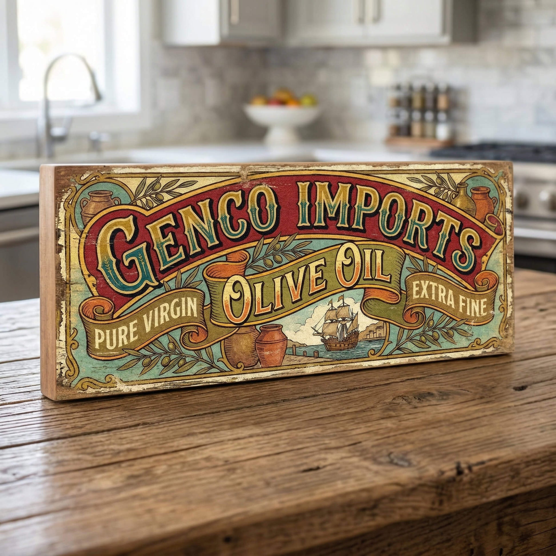Genco Imports Olive Oil ornate Godfather tribute vintage wooden sign handmade on 18mm MDF with rich red teal and gold Victorian scroll design, freestanding on a light wood shelf