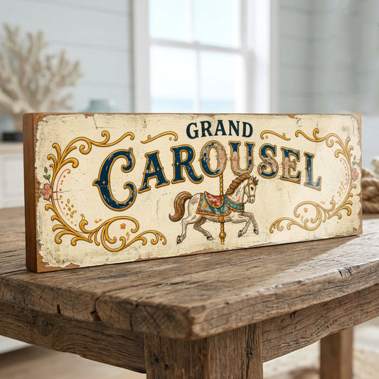 Grand Carousel Fairground Merry Go Round Wooden Sign Retro Circus Wall Art