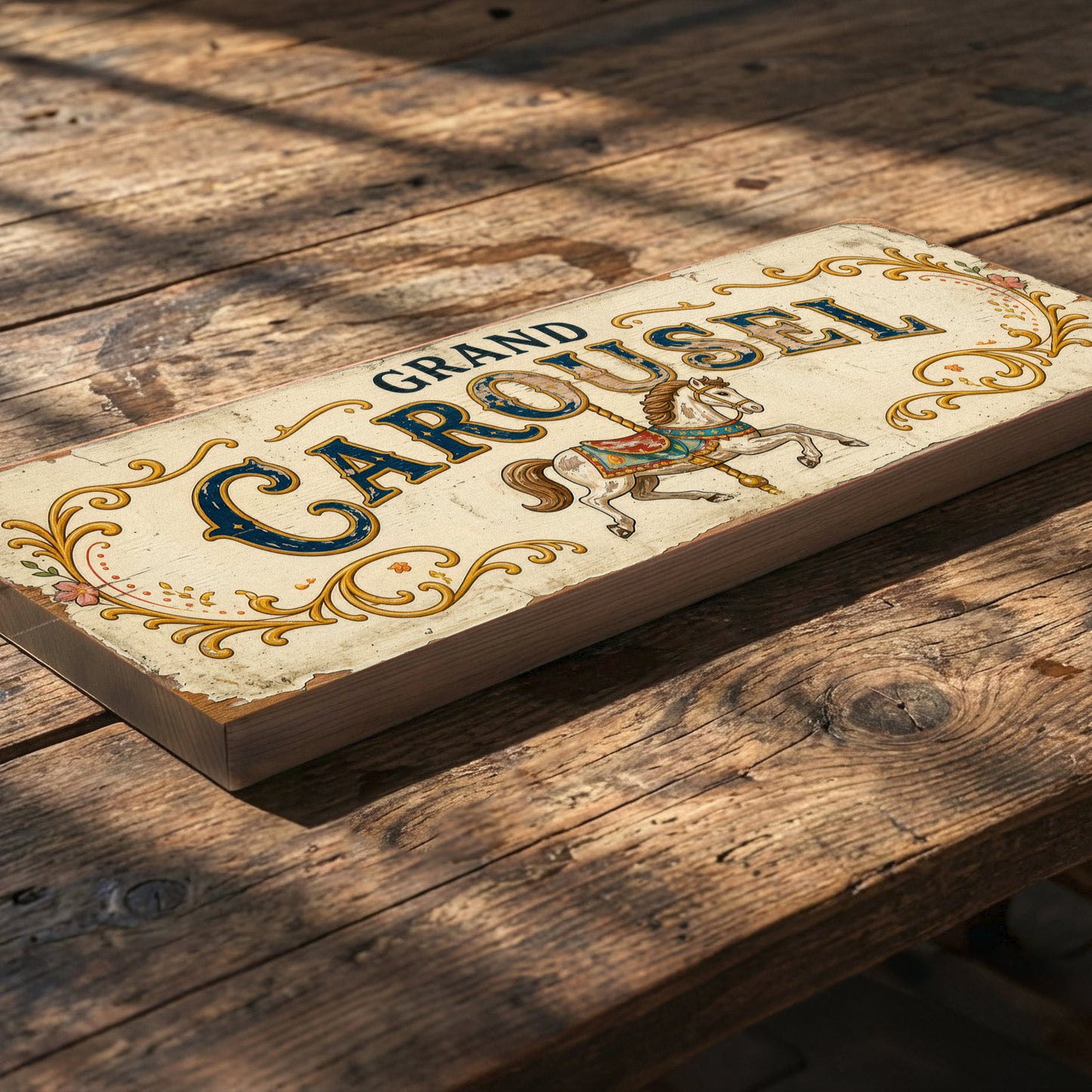 Grand Carousel Fairground Merry Go Round Wooden Sign Retro Circus Wall Art