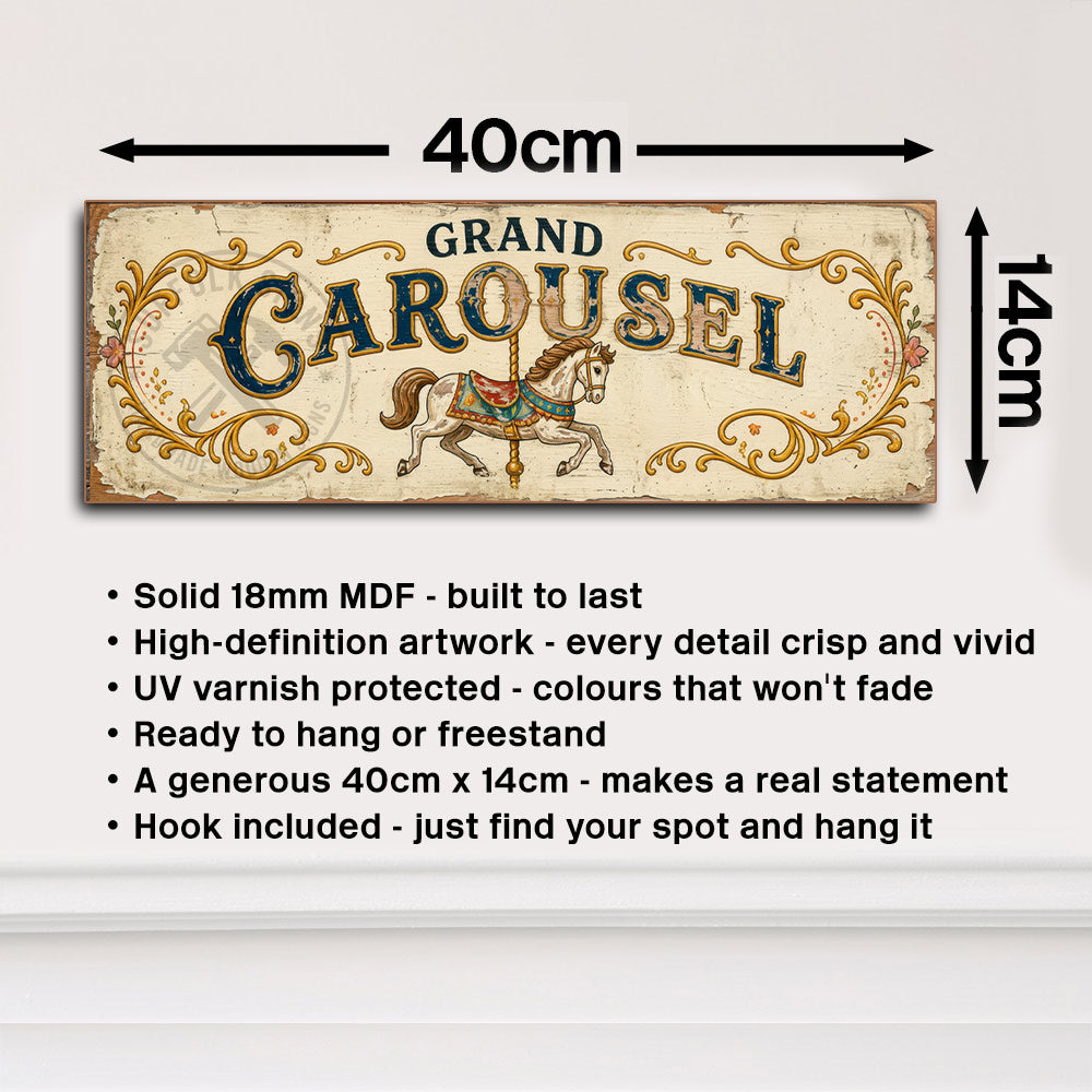 Grand Carousel Fairground Merry Go Round Wooden Sign Retro Circus Wall Art