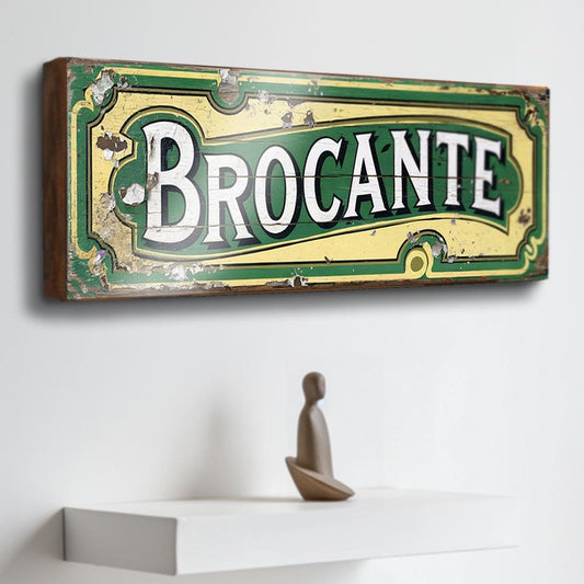 Brocante Retro Style Shop Sign French Antique Shop Sign Collectables Green & Yellow Wooden Sign