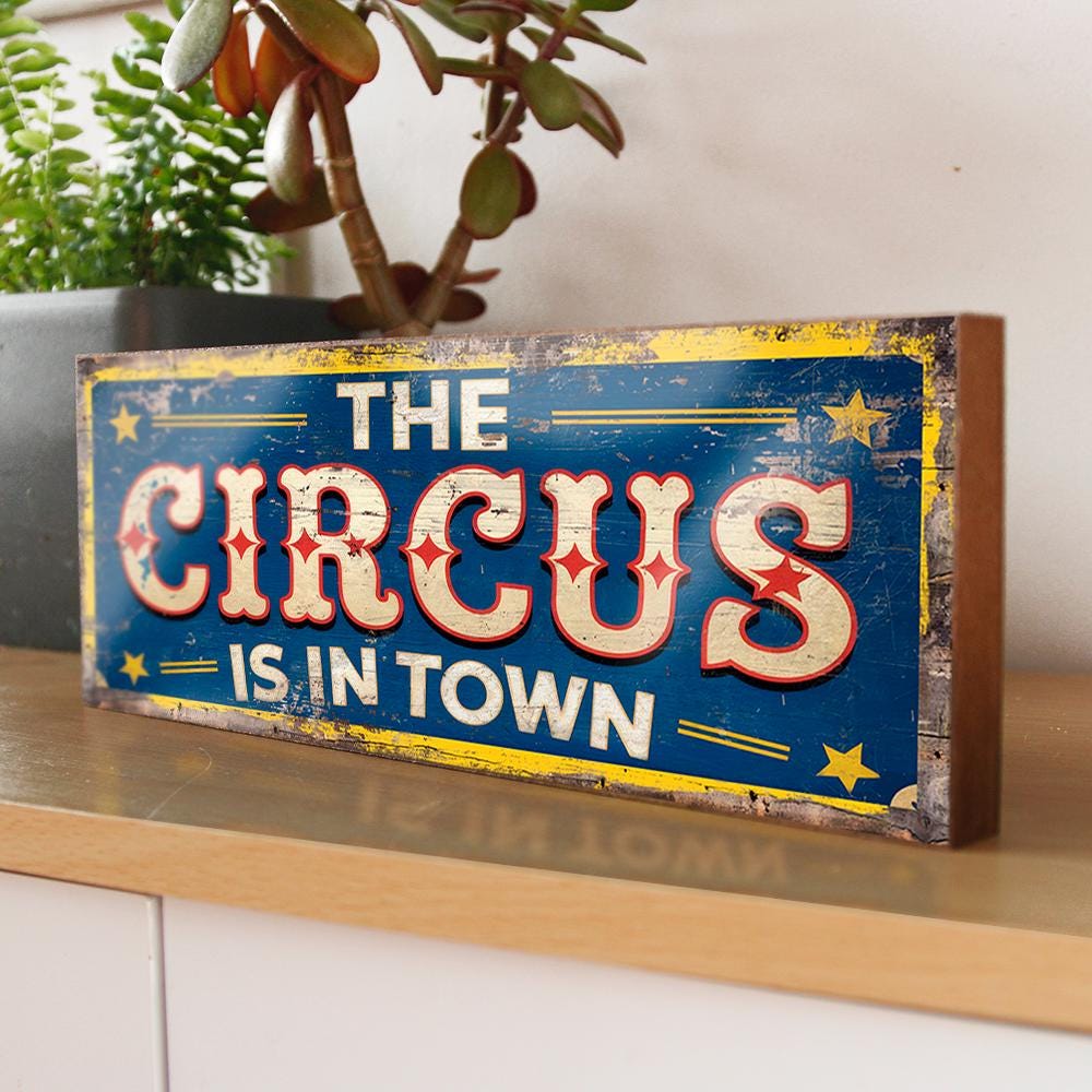 Circus Sign Fairground Old Vintage Style Fun Fair Sign. Solid Wood It's Here Circus Wall Plaque