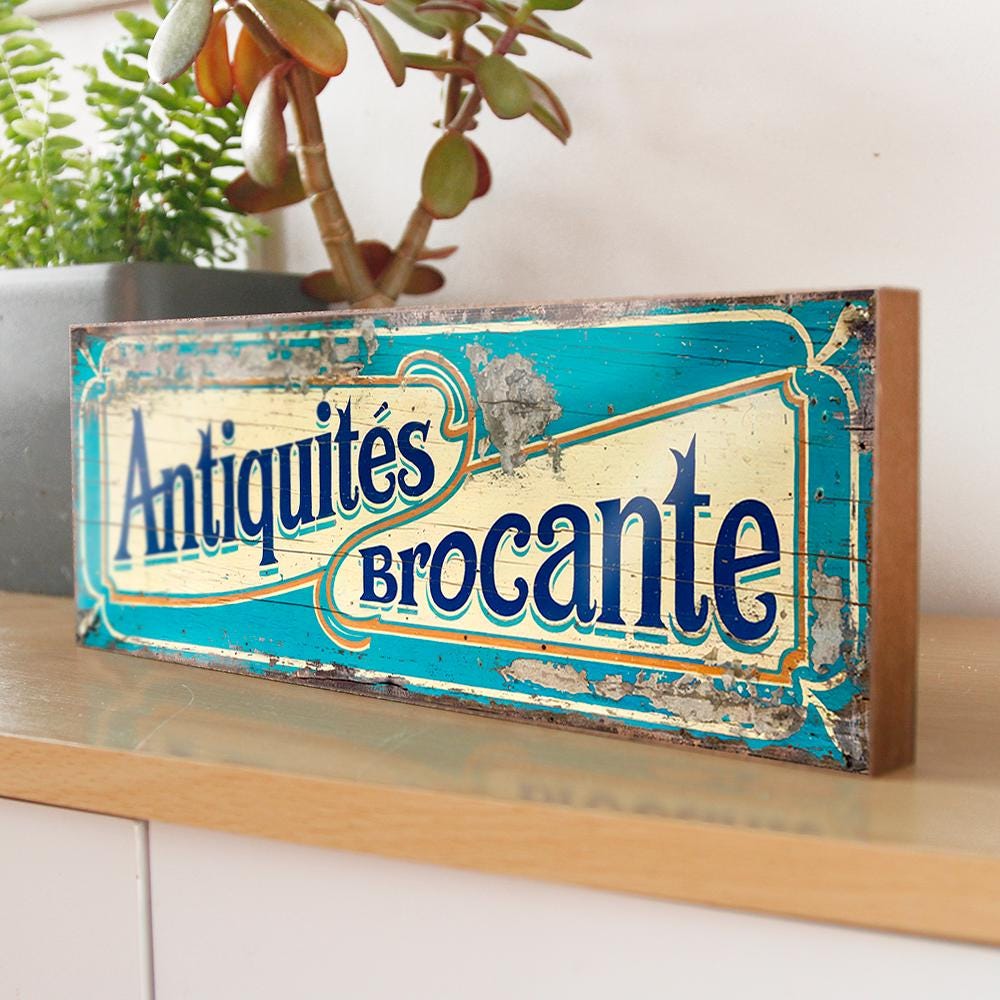 Antiquites Brocante Vintage Shop Sign French Antique Shop Sign Curios Market Wooden Sign