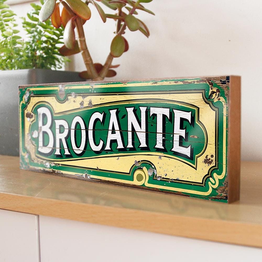 Brocante Retro Style Shop Sign French Antique Shop Sign Collectables Green & Yellow Wooden Sign