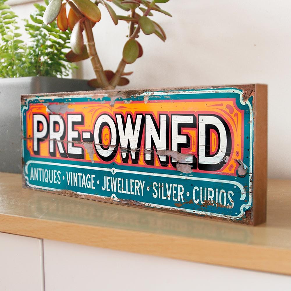 Antiques Collectables Curios Retro Style Vintage Shop Sign Wooden Flea Market Wall Plaque