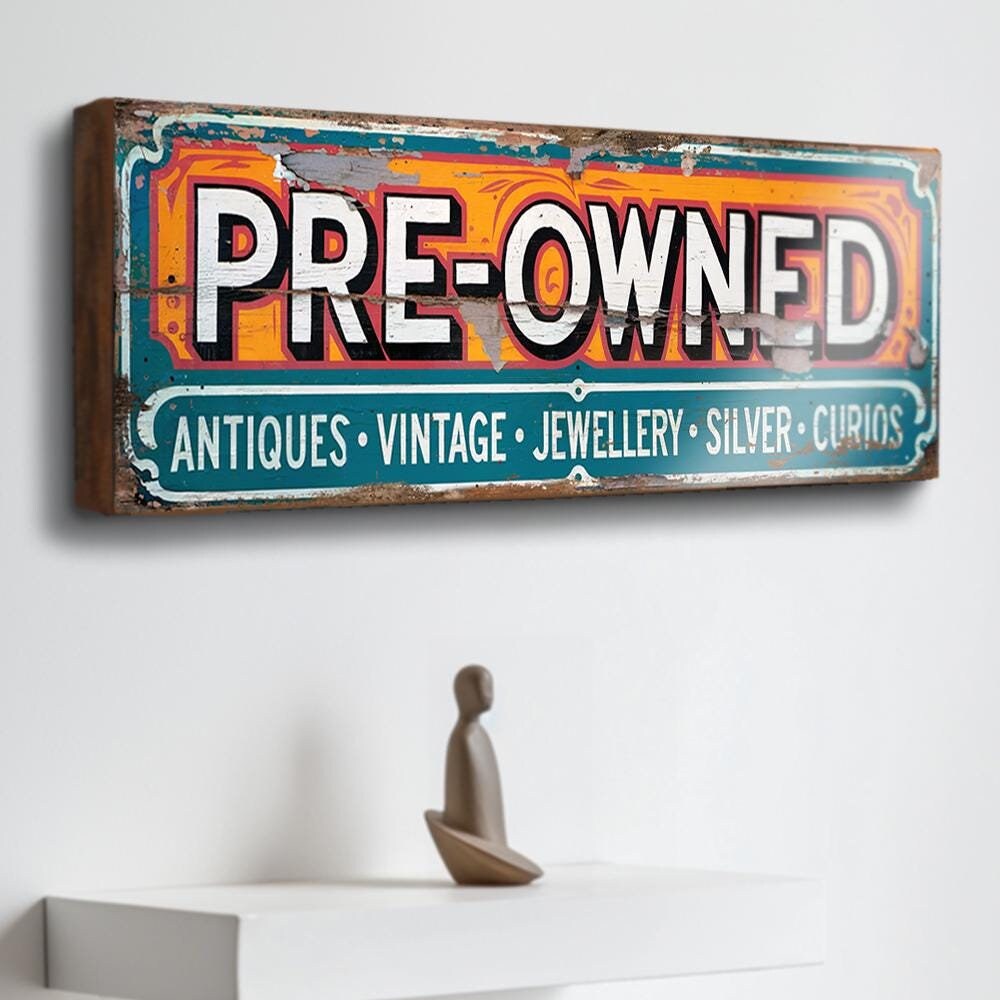 Antiques Collectables Curios Retro Style Vintage Shop Sign Wooden Flea Market Wall Plaque