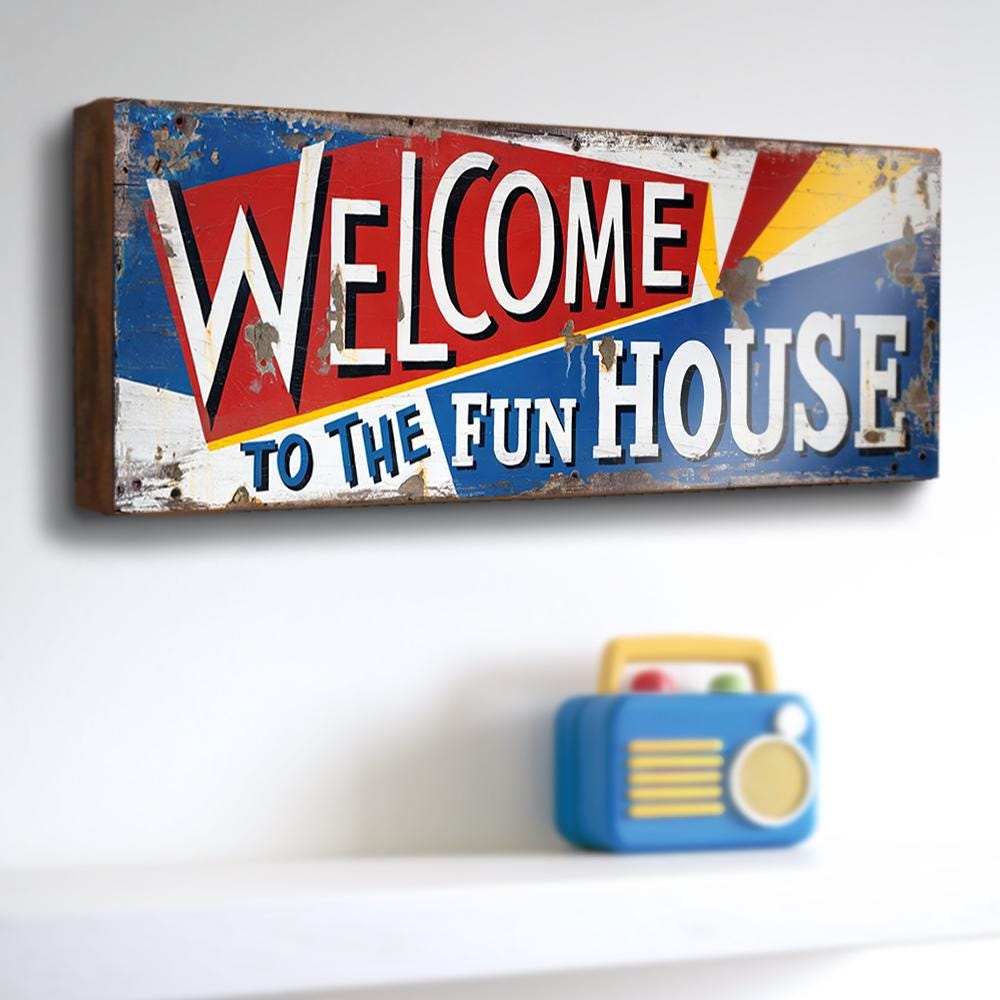 Welcome to the Fun House Retro Style Sign Fairground Vintage Style Wood Wall Plaque