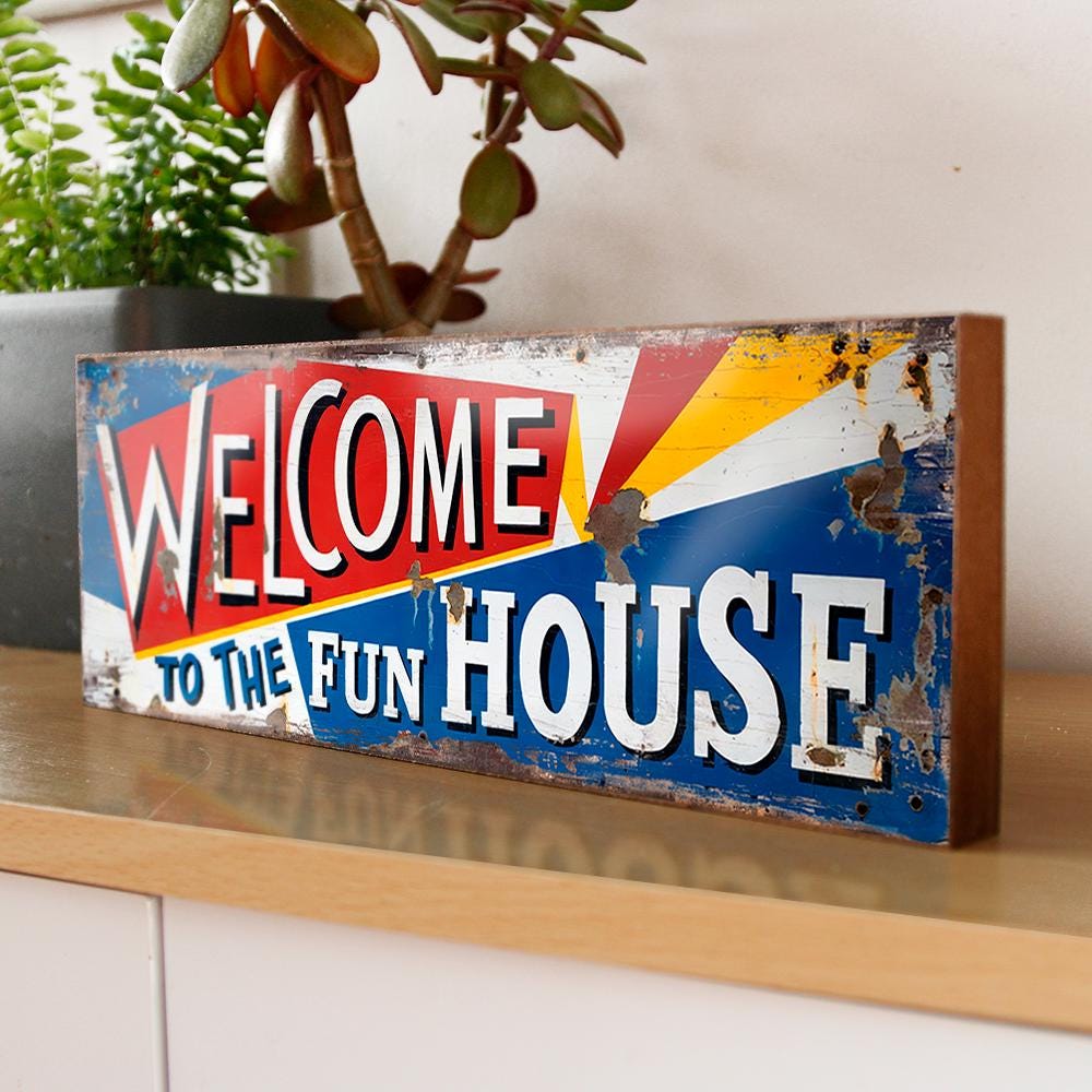 Welcome to the Fun House Retro Style Sign Fairground Vintage Style Wood Wall Plaque