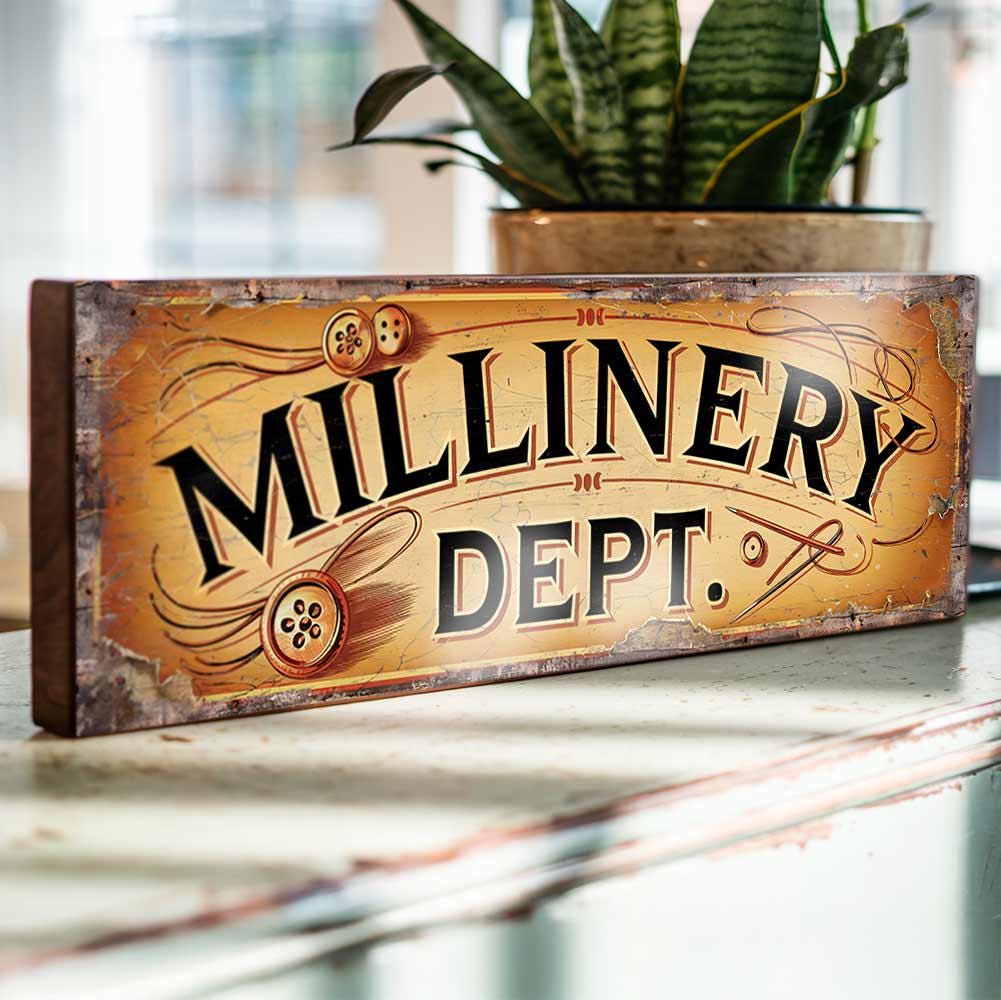 Millinery Dept Retro Wooden Sign Hat Making Boutique Vintage Shop Plaque