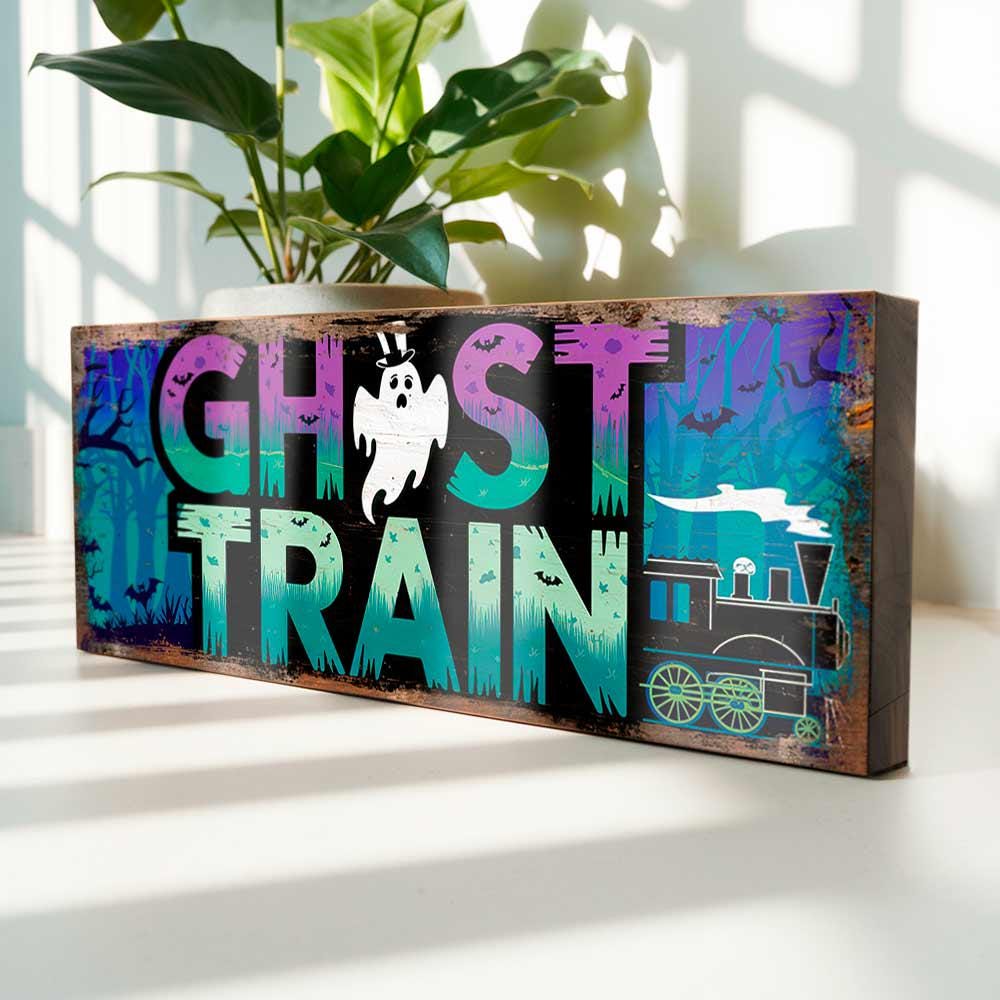 Ghost Train Sign Vintage Style Retro Spooky Ghostly Fun Wooden Wall Plaque