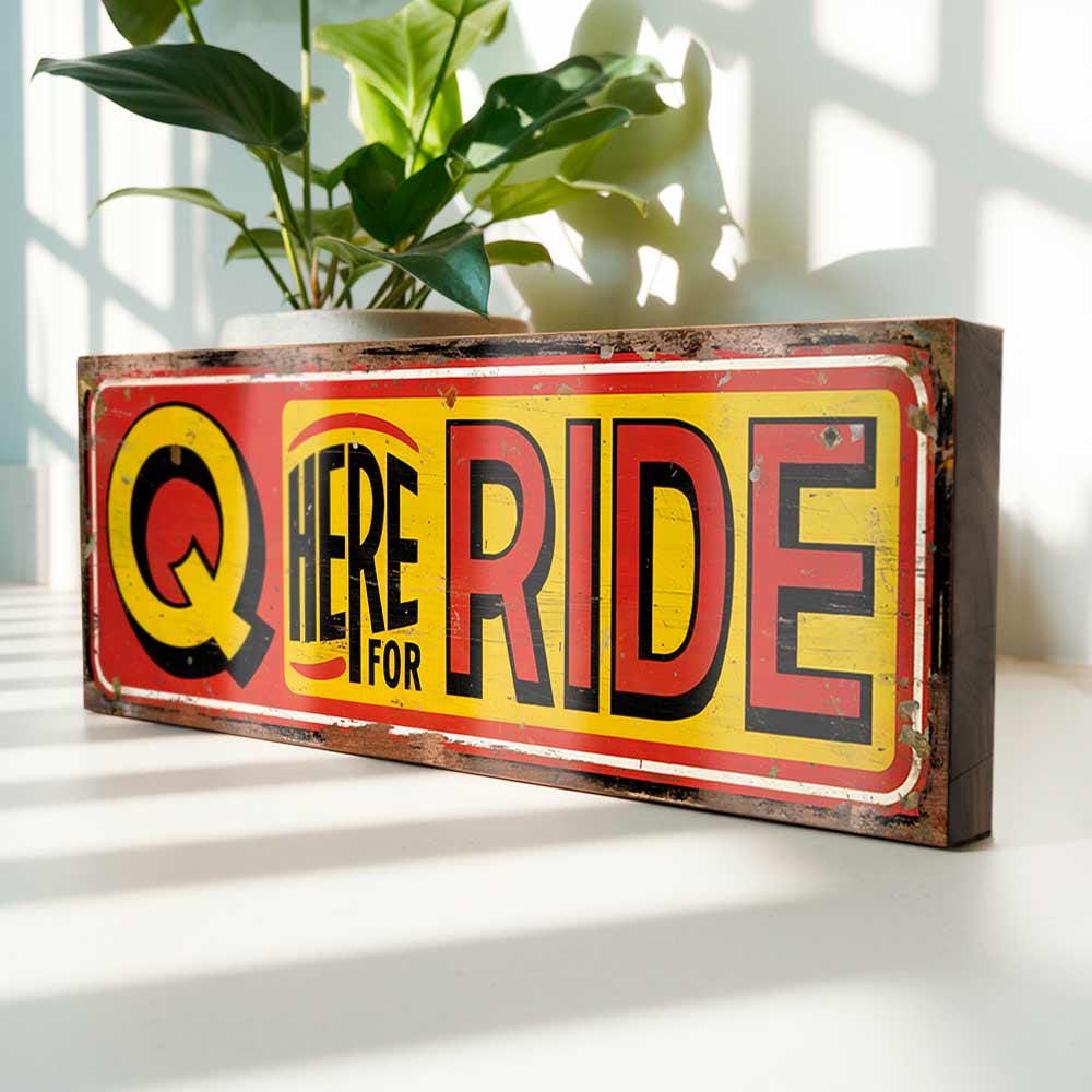 Queue Here for Ride Retro Wooden Funfair Sign Vintage Style Carnival Plaque