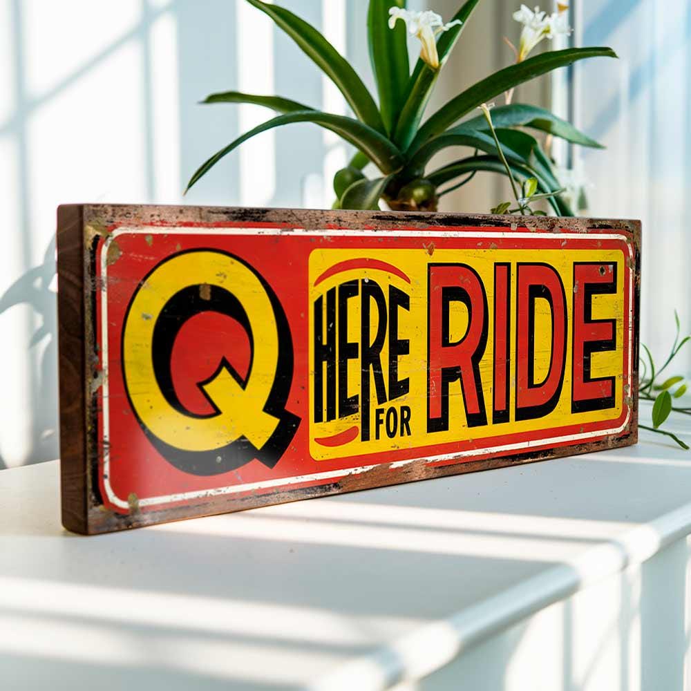 Queue Here for Ride Retro Wooden Funfair Sign Vintage Style Carnival Plaque