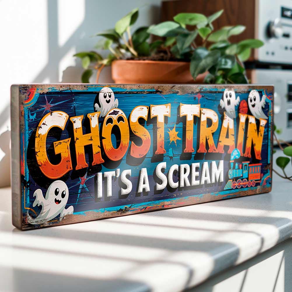 Ghost Train It's a Scream Sign Vintage Style Retro Spooky Ghostly Fun Wooden Funfair Wall Plaque