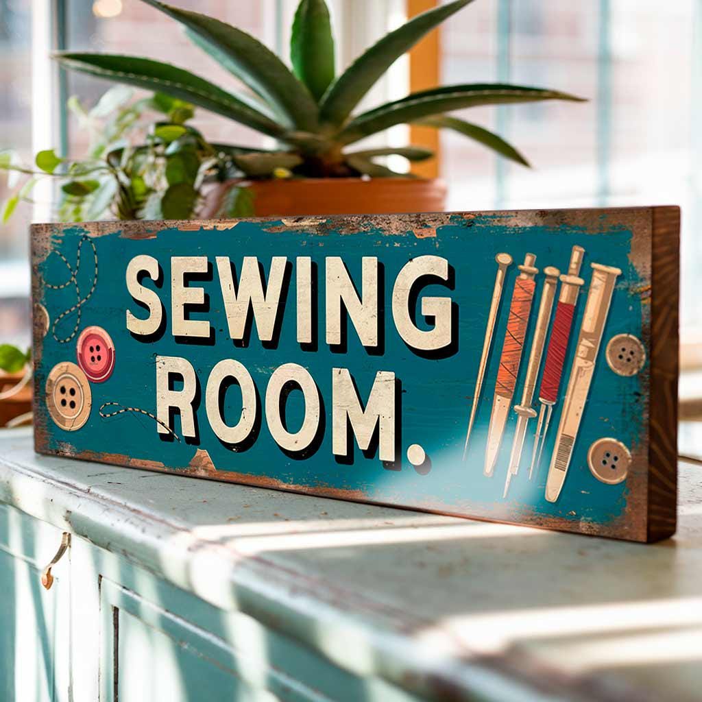 Sewing Room Sign Vintage Style Wooden Crafting Studio Boutique Shop Plaque