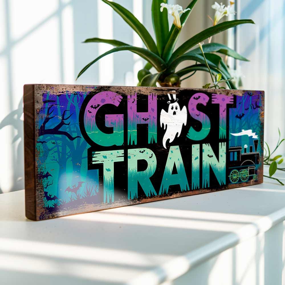 Ghost Train Sign Vintage Style Retro Spooky Ghostly Fun Wooden Wall Plaque