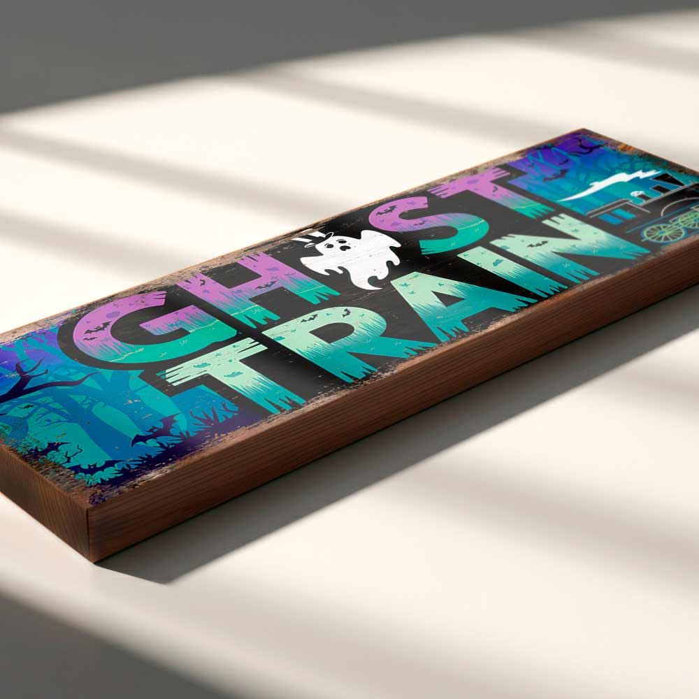 Ghost Train Sign Vintage Style Retro Spooky Ghostly Fun Wooden Wall Plaque