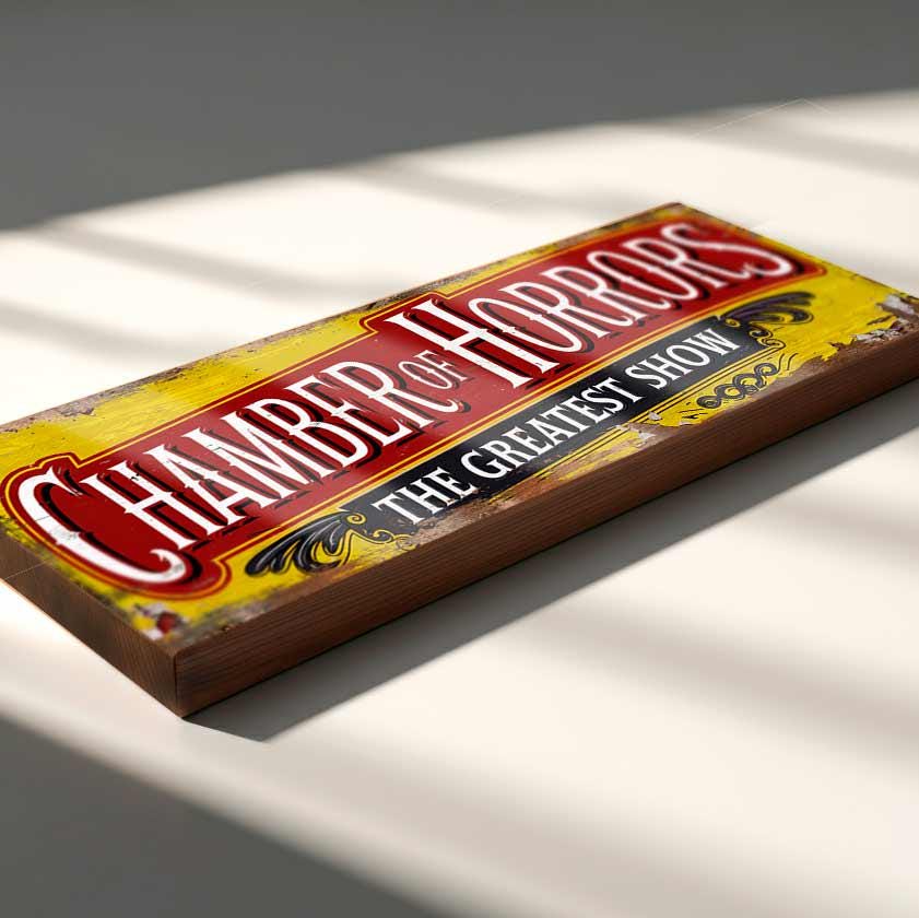 Chamber of Horrors Greatest Show Sign Old Vintage Style Fun Fair Sign. Carnival Horror Nostalgia Wooden Handmade Wall Plaque