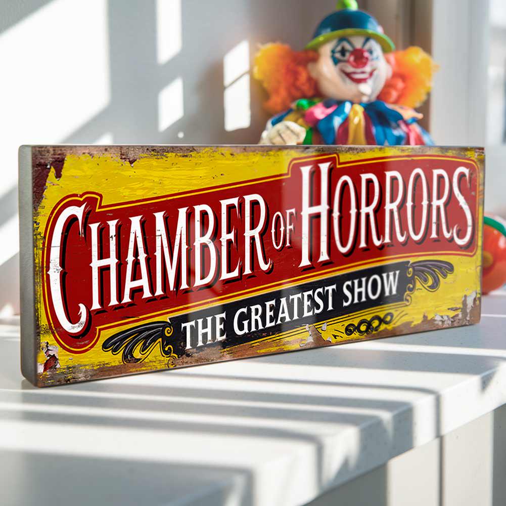 Chamber of Horrors Greatest Show Sign Old Vintage Style Fun Fair Sign. Carnival Horror Nostalgia Wooden Handmade Wall Plaque