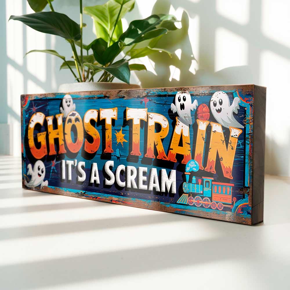 Ghost Train It's a Scream Sign Vintage Style Retro Spooky Ghostly Fun Wooden Funfair Wall Plaque