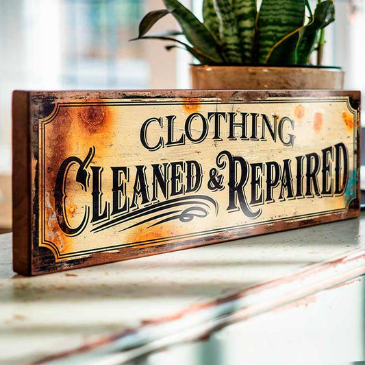 Clothing Cleaned & Repaired Sign Vintage Style Laundry Tailor Shop Wood Plaque