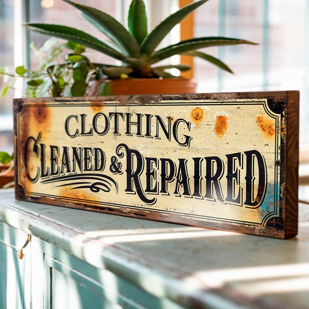 Clothing Cleaned & Repaired Sign Vintage Style Laundry Tailor Shop Wood Plaque