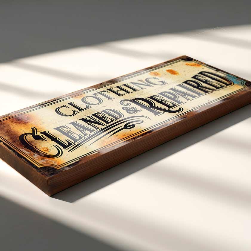 Clothing Cleaned & Repaired Sign Vintage Style Laundry Tailor Shop Wood Plaque