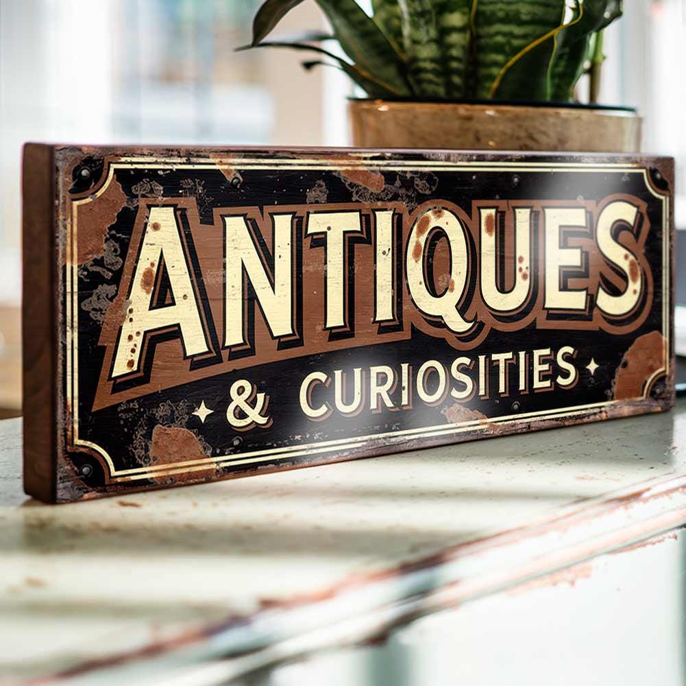 Antiques and Curiosities Sign: Vintage Style Market Decor