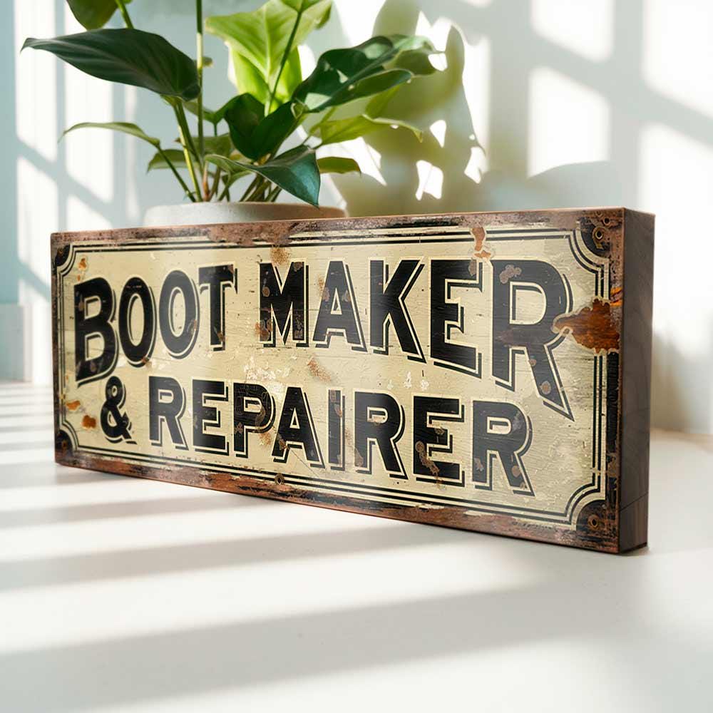 Boot Maker & Repairer Sign – Vintage Wooden Cobbler Workshop Plaque – Old Shop Decor – Retro Shoemaker Sign – Handmade Sign for Display