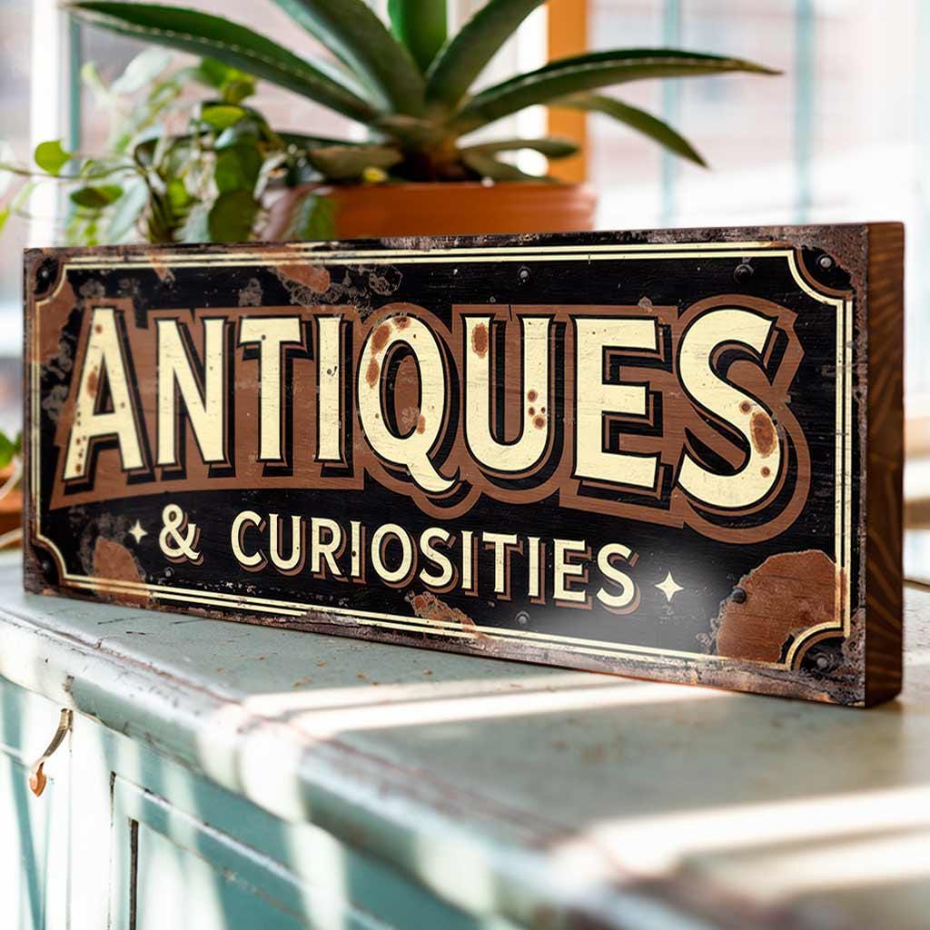 Antiques and Curiosities Sign: Vintage Style Market Decor