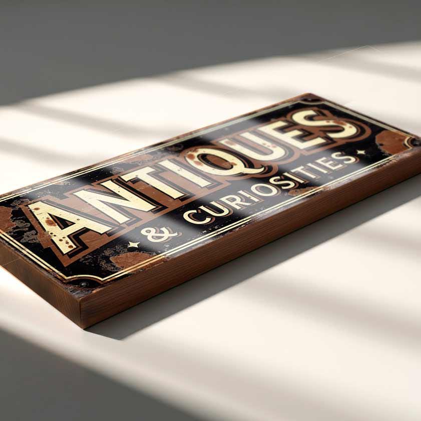 Antiques and Curiosities Sign: Vintage Style Market Decor