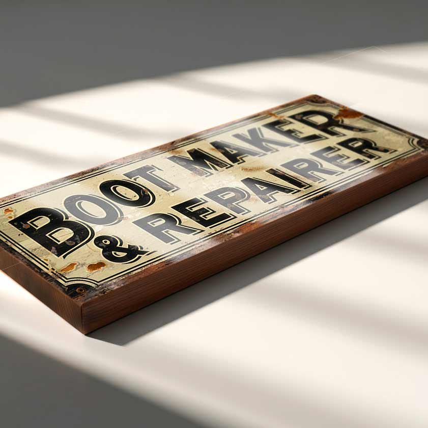 Boot Maker & Repairer Sign – Vintage Wooden Cobbler Workshop Plaque – Old Shop Decor – Retro Shoemaker Sign – Handmade Sign for Display